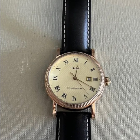 Vintage Stauer Stainless Steel 3atm Water Resistant Black Leather Watch New 59$
